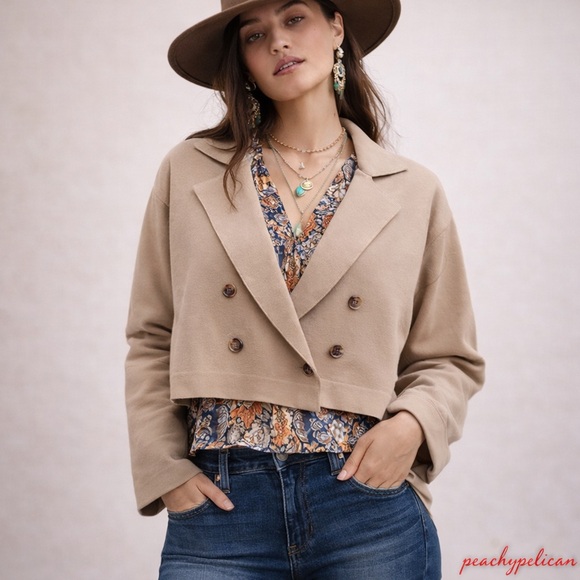 We the Free Free People Sadie Crop Sweater Knit Blazer Taupe Brown Tree House XL - Picture 8 of 8